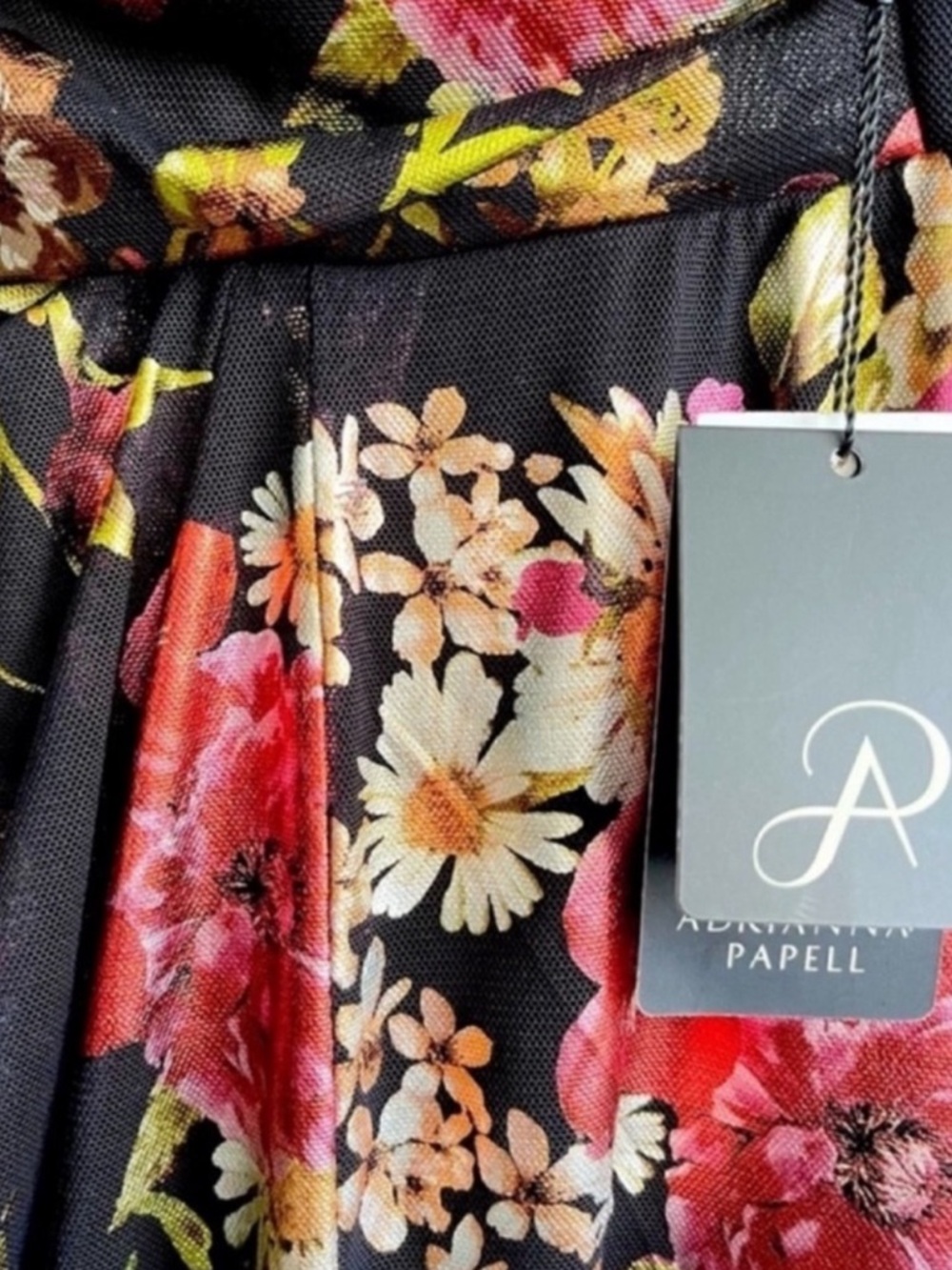 NEW Adrianna Papell Flutter Sleeve Cocktail Dress Foil Florals Black Size 14P - Picture 9 of 15